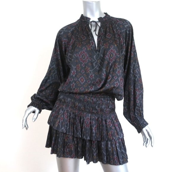 Ulla Johnson Dresses & Skirts - ULLA JOHNSON MINI DRESS PIERA CHARCOAL PRINTED PLEATED SATIN SIZE 2 LONG SLEEVE